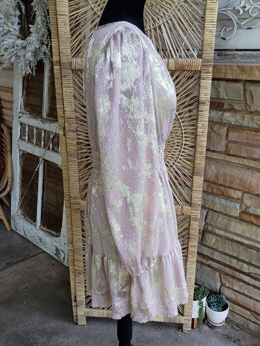 By Anthropologie Shimmery Pink Midi Dress - Gold Floral Accents - With Pockets_S - Picture 7 of 11